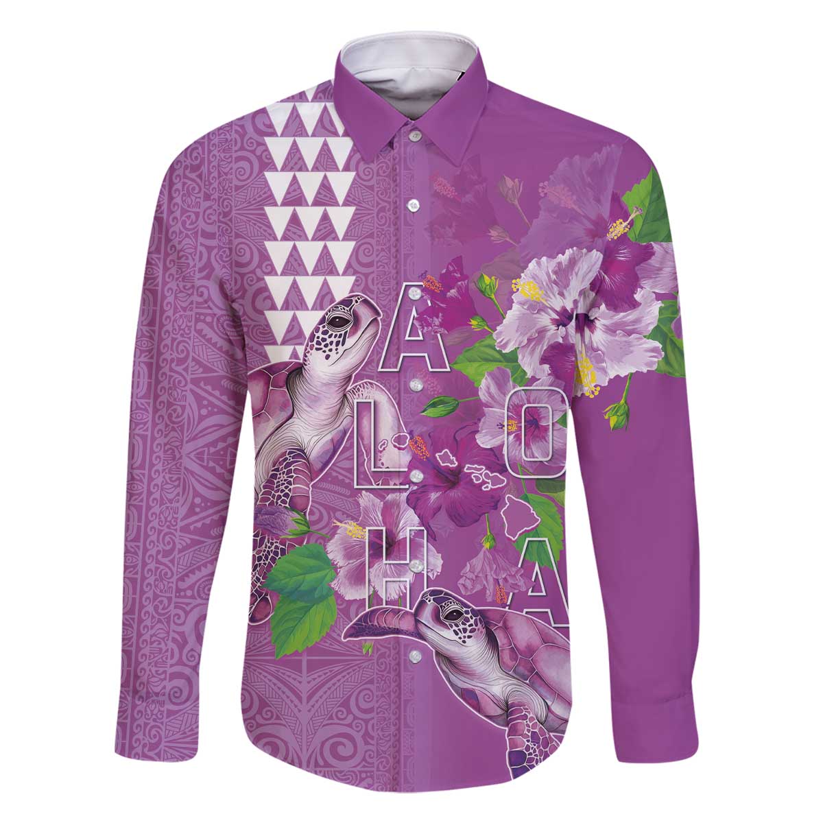 Hawaii Aloha Turtle Hibiscus and Leaves Family Matching Off The Shoulder Long Sleeve Dress and Hawaiian Shirt with Polynesian and Kakau Tattoos Lilac Color LT03 Dad's Shirt - Long Sleeve Purple - Polynesian Pride