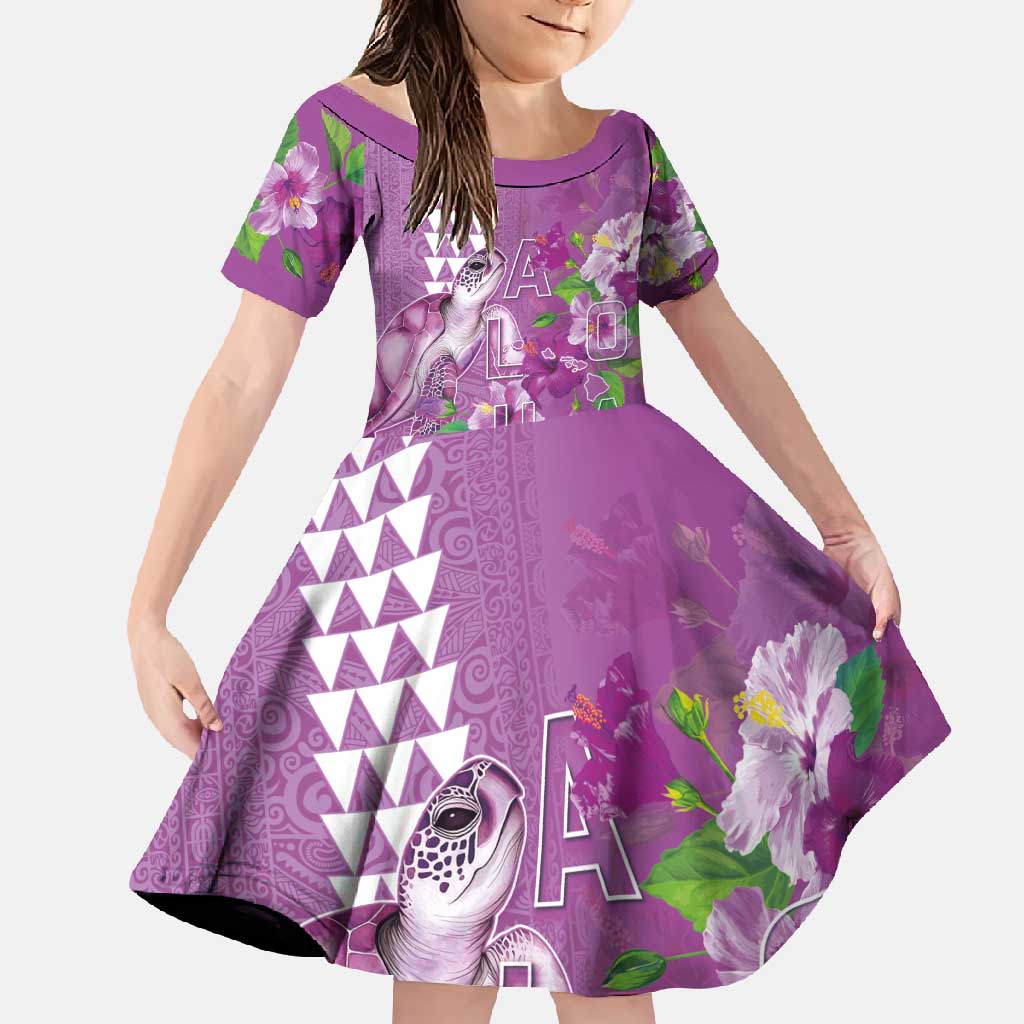 Hawaii Aloha Turtle Hibiscus and Leaves Family Matching Off Shoulder Maxi Dress and Hawaiian Shirt with Polynesian and Kakau Tattoos Lilac Color LT03 Daughter's Dress Purple - Polynesian Pride