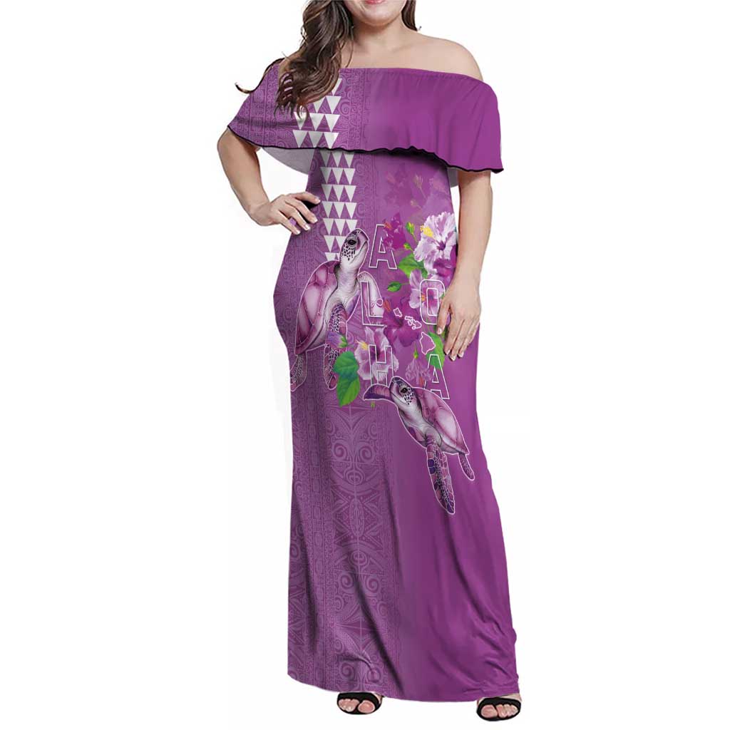 Hawaii Aloha Turtle Hibiscus and Leaves Family Matching Off Shoulder Maxi Dress and Hawaiian Shirt with Polynesian and Kakau Tattoos Lilac Color LT03 Mom's Dress Purple - Polynesian Pride