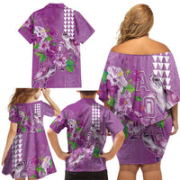Hawaii Aloha Turtle Hibiscus and Leaves Family Matching Off Shoulder Short Dress and Hawaiian Shirt with Polynesian and Kakau Tattoos Lilac Color LT03 - Polynesian Pride