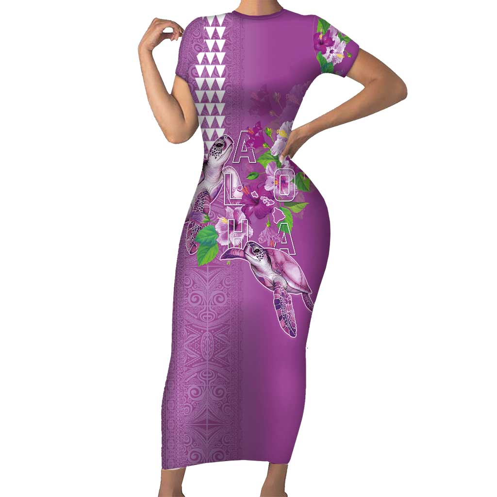 Hawaii Aloha Turtle Hibiscus and Leaves Family Matching Short Sleeve Bodycon Dress and Hawaiian Shirt with Polynesian and Kakau Tattoos Lilac Color LT03 Mom's Dress Purple - Polynesian Pride