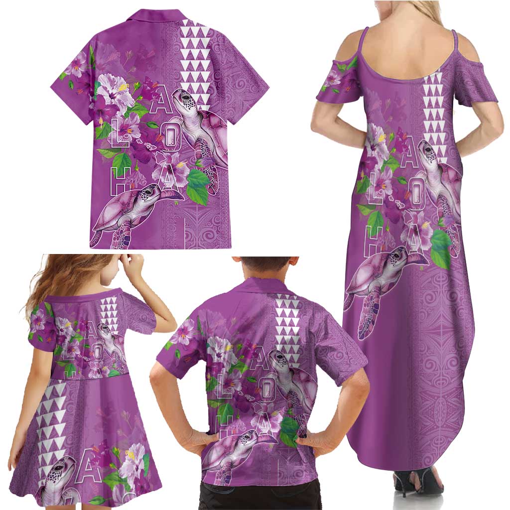 Hawaii Aloha Turtle Hibiscus and Leaves Family Matching Summer Maxi Dress and Hawaiian Shirt with Polynesian and Kakau Tattoos Lilac Color LT03 - Polynesian Pride