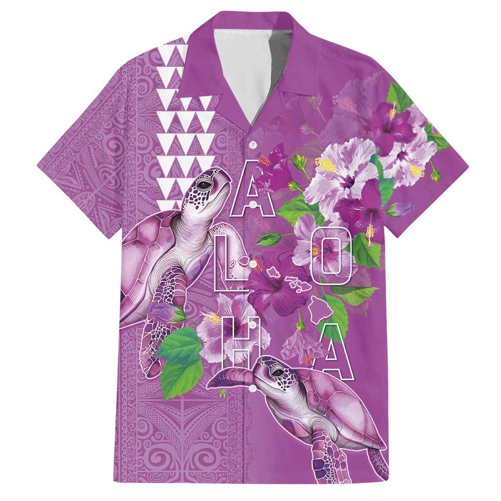 Hawaii Aloha Turtle Hibiscus and Leaves Family Matching Summer Maxi Dress and Hawaiian Shirt with Polynesian and Kakau Tattoos Lilac Color LT03 Dad's Shirt - Short Sleeve Purple - Polynesian Pride