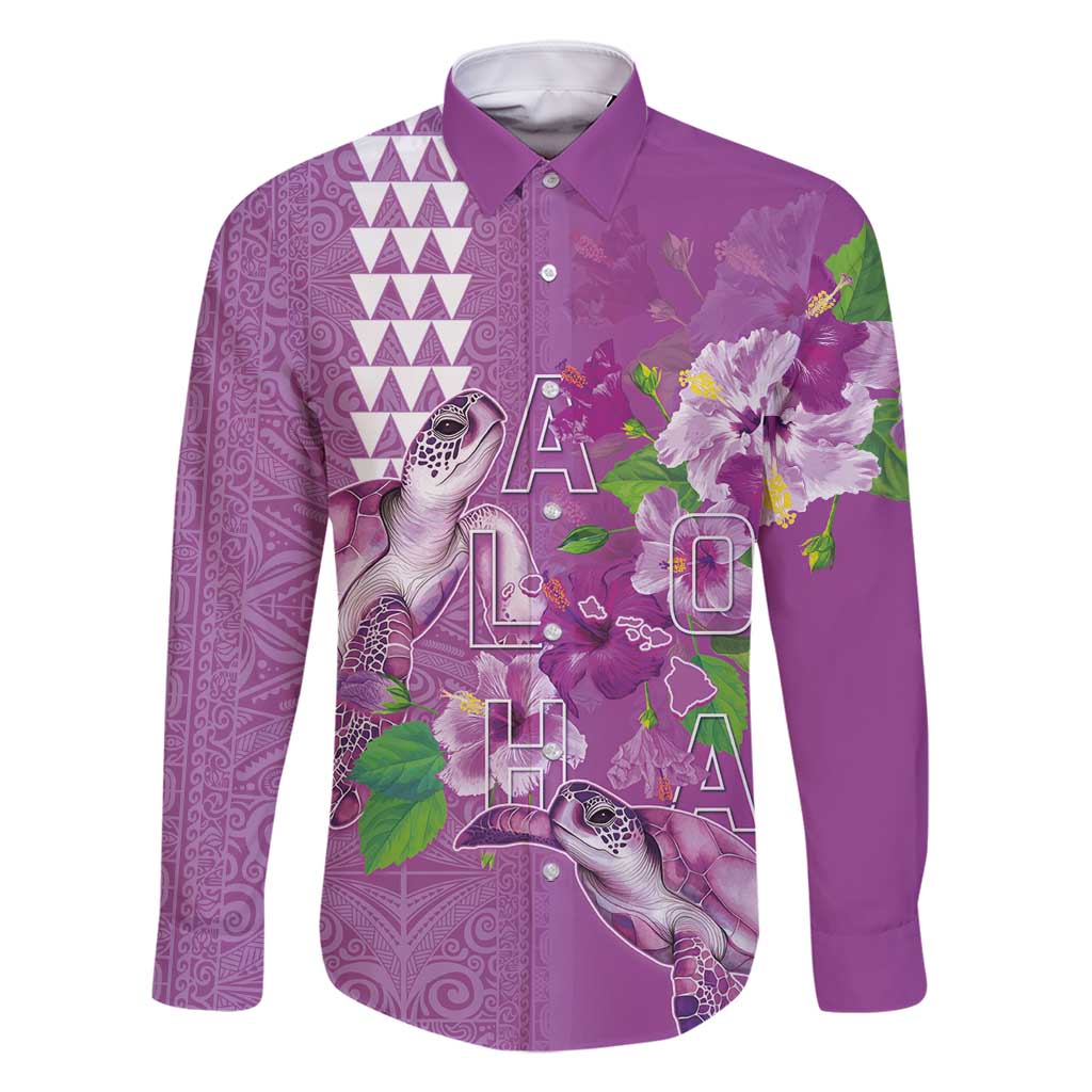 Hawaii Aloha Turtle Hibiscus and Leaves Family Matching Summer Maxi Dress and Hawaiian Shirt with Polynesian and Kakau Tattoos Lilac Color LT03 Dad's Shirt - Long Sleeve Purple - Polynesian Pride