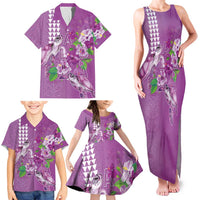Hawaii Aloha Turtle Hibiscus and Leaves Family Matching Tank Maxi Dress and Hawaiian Shirt with Polynesian and Kakau Tattoos Lilac Color - Polynesian Pride