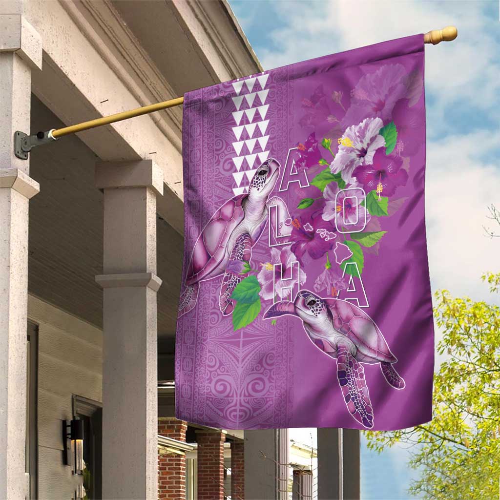 Hawaii Aloha Turtle Hibiscus and Leaves Garden Flag with Polynesian and Kakau Tattoos Lilac Color - Polynesian Pride