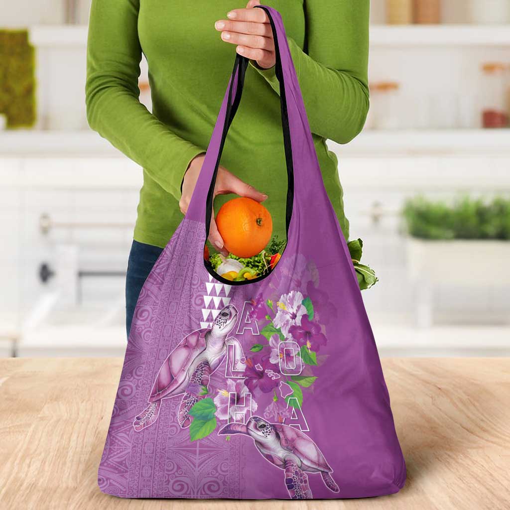 Hawaii Aloha Turtle Hibiscus and Leaves Grocery Bag with Polynesian and Kakau Tattoos Lilac Color - Polynesian Pride