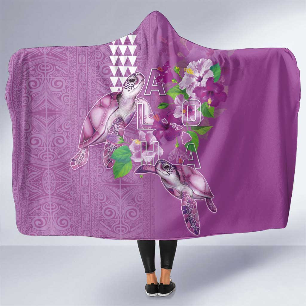 Hawaii Aloha Turtle Hibiscus and Leaves Hooded Blanket with Polynesian and Kakau Tattoos Lilac Color - Polynesian Pride