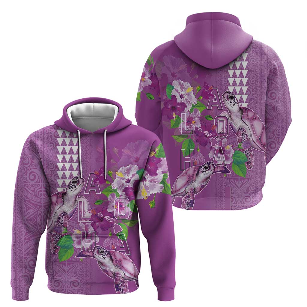 Hawaii Aloha Turtle Hibiscus and Leaves Hoodie with Polynesian and Kakau Tattoos Lilac Color - Polynesian Pride