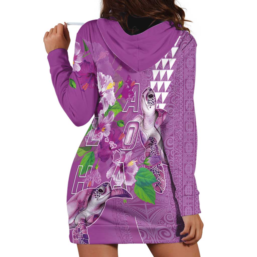 Hawaii Aloha Turtle Hibiscus and Leaves Hoodie Dress with Polynesian and Kakau Tattoos Lilac Color LT03 - Polynesian Pride