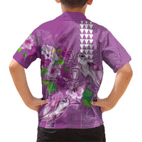 Hawaii Aloha Turtle Hibiscus and Leaves Kid Hawaiian Shirt with Polynesian and Kakau Tattoos Lilac Color LT03 - Polynesian Pride