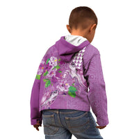 Hawaii Aloha Turtle Hibiscus and Leaves Kid Hoodie with Polynesian and Kakau Tattoos Lilac Color - Polynesian Pride