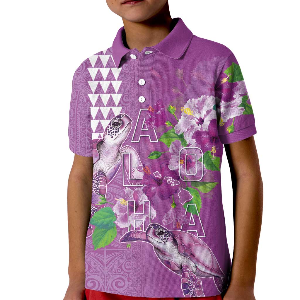 Hawaii Aloha Turtle Hibiscus and Leaves Kid Polo Shirt with Polynesian and Kakau Tattoos Lilac Color - Polynesian Pride