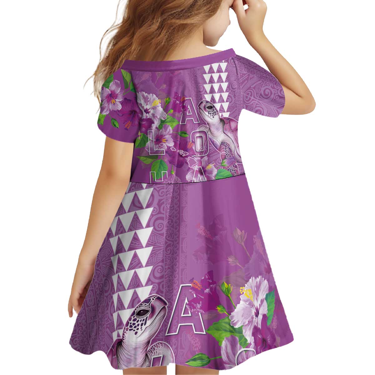 Hawaii Aloha Turtle Hibiscus and Leaves Kid Short Sleeve Dress with Polynesian and Kakau Tattoos Lilac Color LT03 - Polynesian Pride