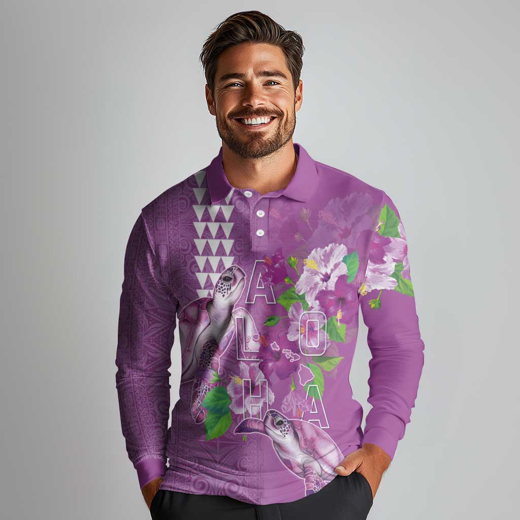 Hawaii Aloha Turtle Hibiscus and Leaves Long Sleeve Polo Shirt with Polynesian and Kakau Tattoos Lilac Color LT03 - Polynesian Pride