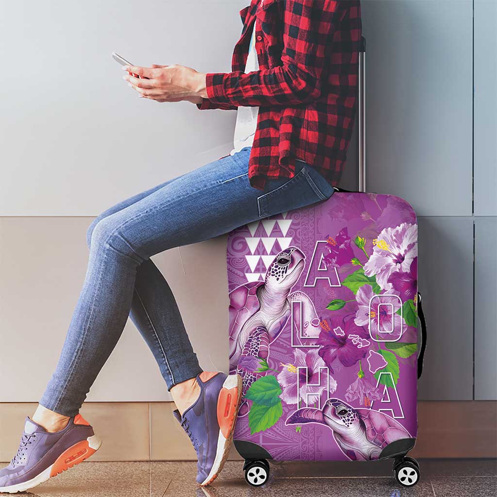 Hawaii Aloha Turtle Hibiscus and Leaves Luggage Cover with Polynesian and Kakau Tattoos Lilac Color - Polynesian Pride