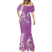 Hawaii Aloha Turtle Hibiscus and Leaves Mermaid Dress with Polynesian and Kakau Tattoos Lilac Color LT03 - Polynesian Pride