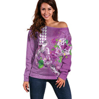 Hawaii Aloha Turtle Hibiscus and Leaves Off Shoulder Sweater with Polynesian and Kakau Tattoos Lilac Color - Polynesian Pride