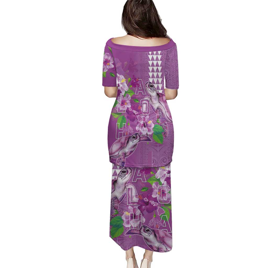 Hawaii Aloha Turtle Hibiscus and Leaves Puletasi with Polynesian and Kakau Tattoos Lilac Color - Polynesian Pride