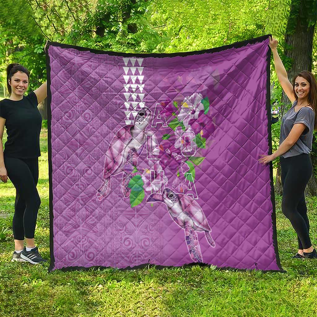 Hawaii Aloha Turtle Hibiscus and Leaves Quilt with Polynesian and Kakau Tattoos Lilac Color - Polynesian Pride