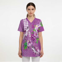 Hawaii Aloha Turtle Hibiscus and Leaves Scrub Top with Polynesian and Kakau Tattoos Lilac Color - Polynesian Pride