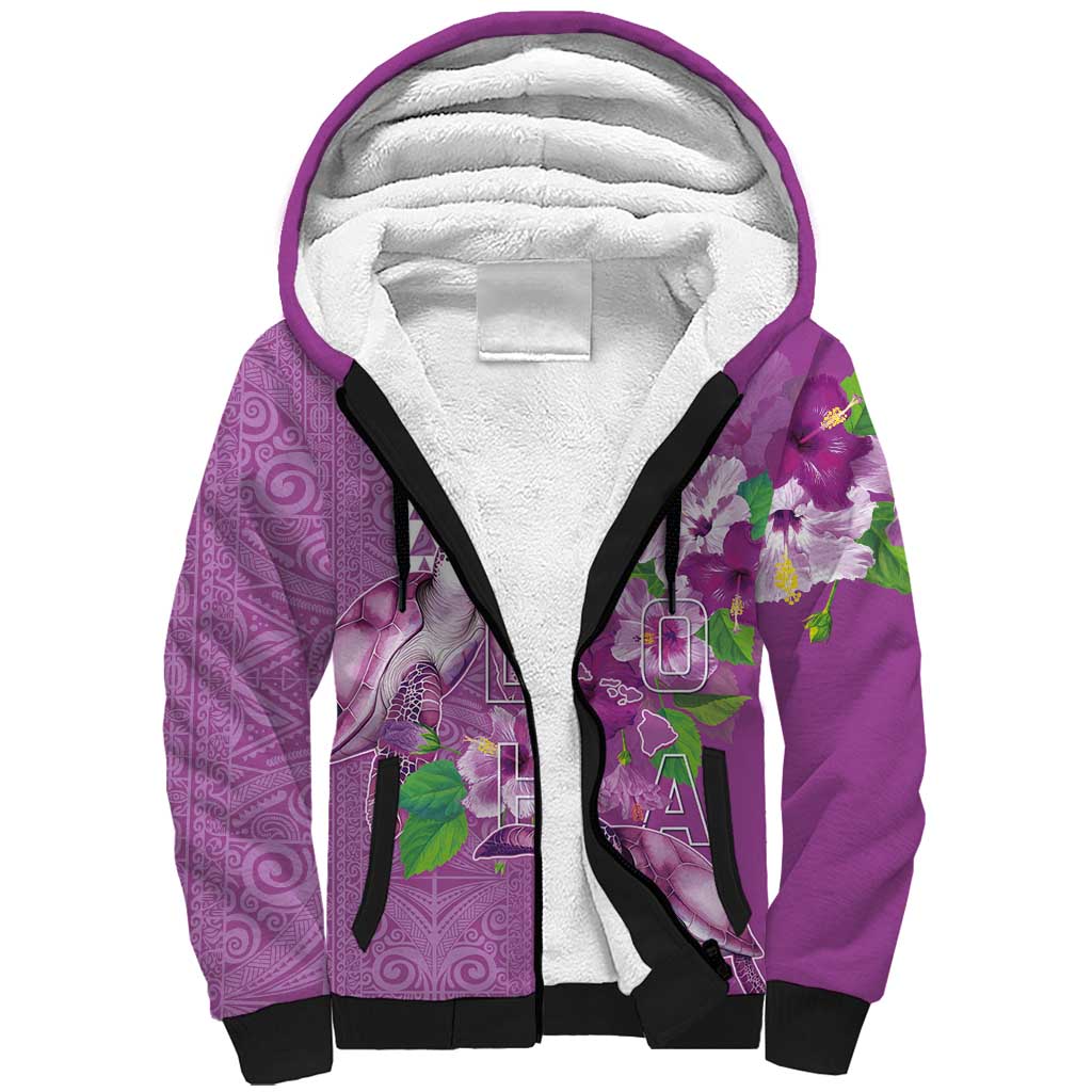 Hawaii Aloha Turtle Hibiscus and Leaves Sherpa Hoodie with Polynesian and Kakau Tattoos Lilac Color - Polynesian Pride