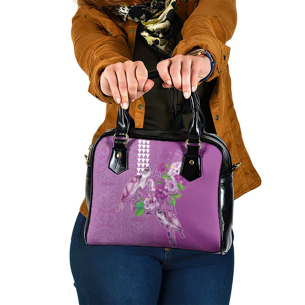 Hawaii Aloha Turtle Hibiscus and Leaves Shoulder Handbag with Polynesian and Kakau Tattoos Lilac Color - Polynesian Pride