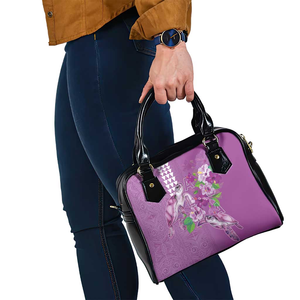 Hawaii Aloha Turtle Hibiscus and Leaves Shoulder Handbag with Polynesian and Kakau Tattoos Lilac Color - Polynesian Pride