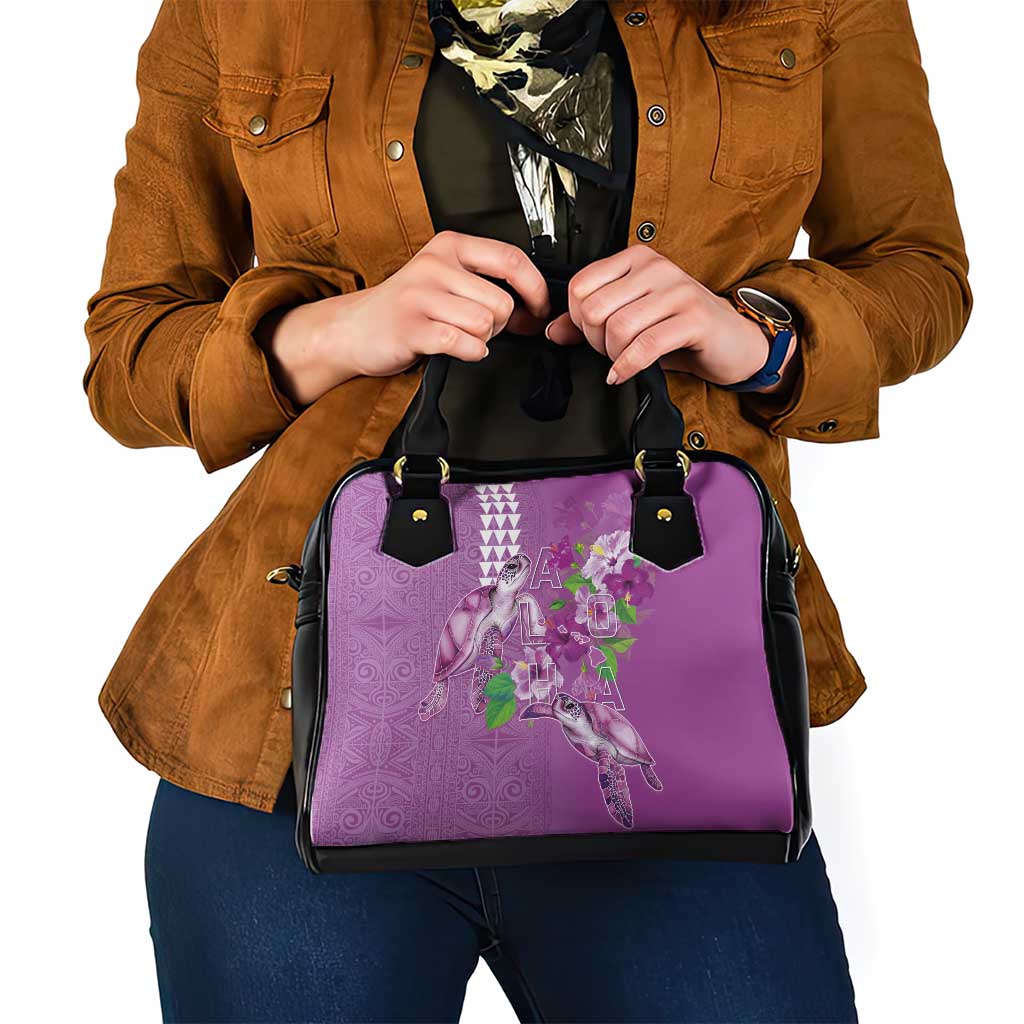Hawaii Aloha Turtle Hibiscus and Leaves Shoulder Handbag with Polynesian and Kakau Tattoos Lilac Color - Polynesian Pride
