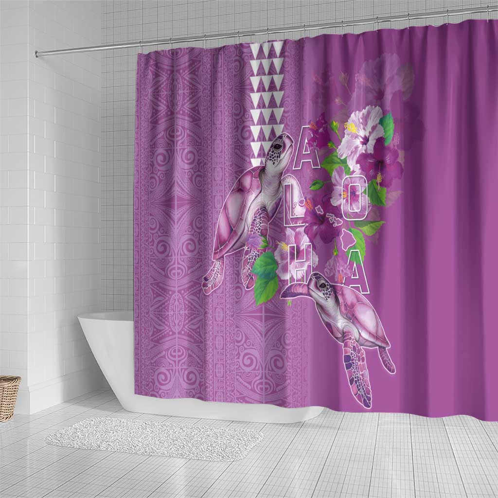 Hawaii Aloha Turtle Hibiscus and Leaves Shower Curtain with Polynesian and Kakau Tattoos Lilac Color - Polynesian Pride