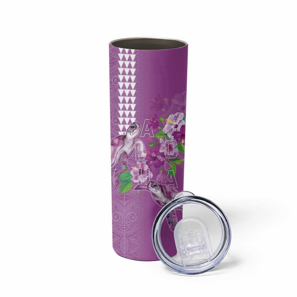 Hawaii Aloha Turtle Hibiscus and Leaves Skinny Tumbler with Polynesian and Kakau Tattoos Lilac Color - Polynesian Pride