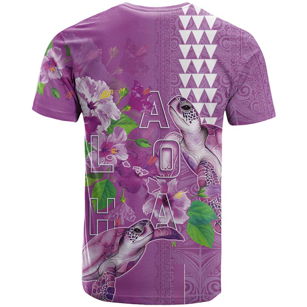 Hawaii Aloha Turtle Hibiscus and Leaves T Shirt with Polynesian and Kakau Tattoos Lilac Color - Polynesian Pride