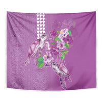 Hawaii Aloha Turtle Hibiscus and Leaves Tapestry with Polynesian and Kakau Tattoos Lilac Color - Polynesian Pride
