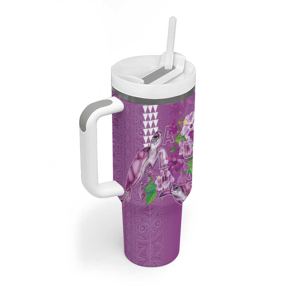 Hawaii Aloha Turtle Hibiscus and Leaves Tumbler With Handle with Polynesian and Kakau Tattoos Lilac Color - Polynesian Pride