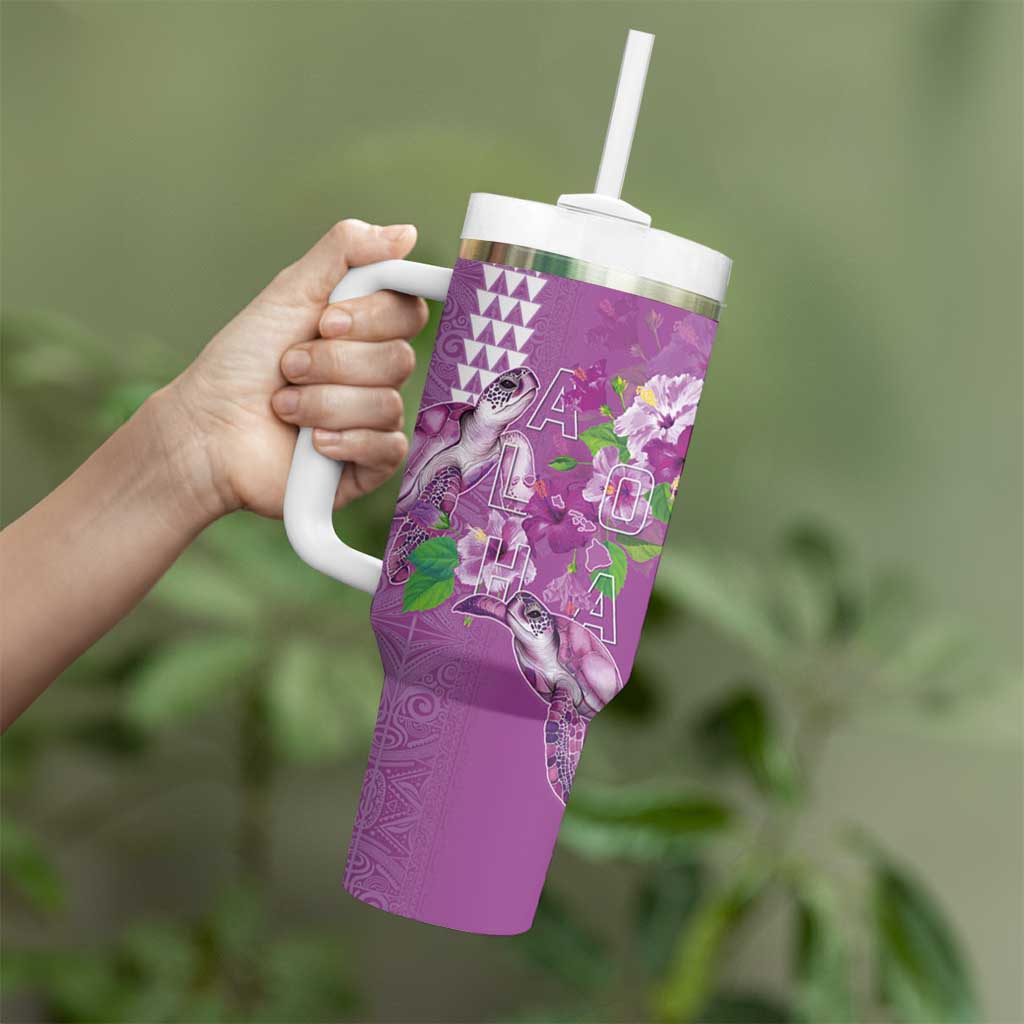 Hawaii Aloha Turtle Hibiscus and Leaves Tumbler With Handle with Polynesian and Kakau Tattoos Lilac Color - Polynesian Pride