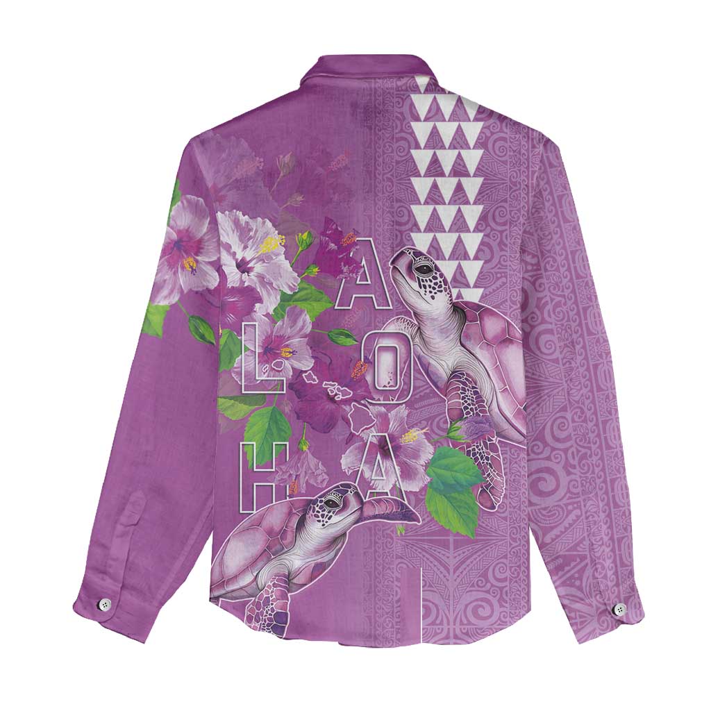 Hawaii Aloha Turtle Hibiscus and Leaves Women Casual Shirt with Polynesian and Kakau Tattoos Lilac Color - Polynesian Pride