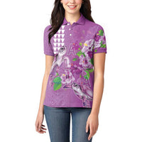 Hawaii Aloha Turtle Hibiscus and Leaves Women Polo Shirt with Polynesian and Kakau Tattoos Lilac Color LT03 - Polynesian Pride