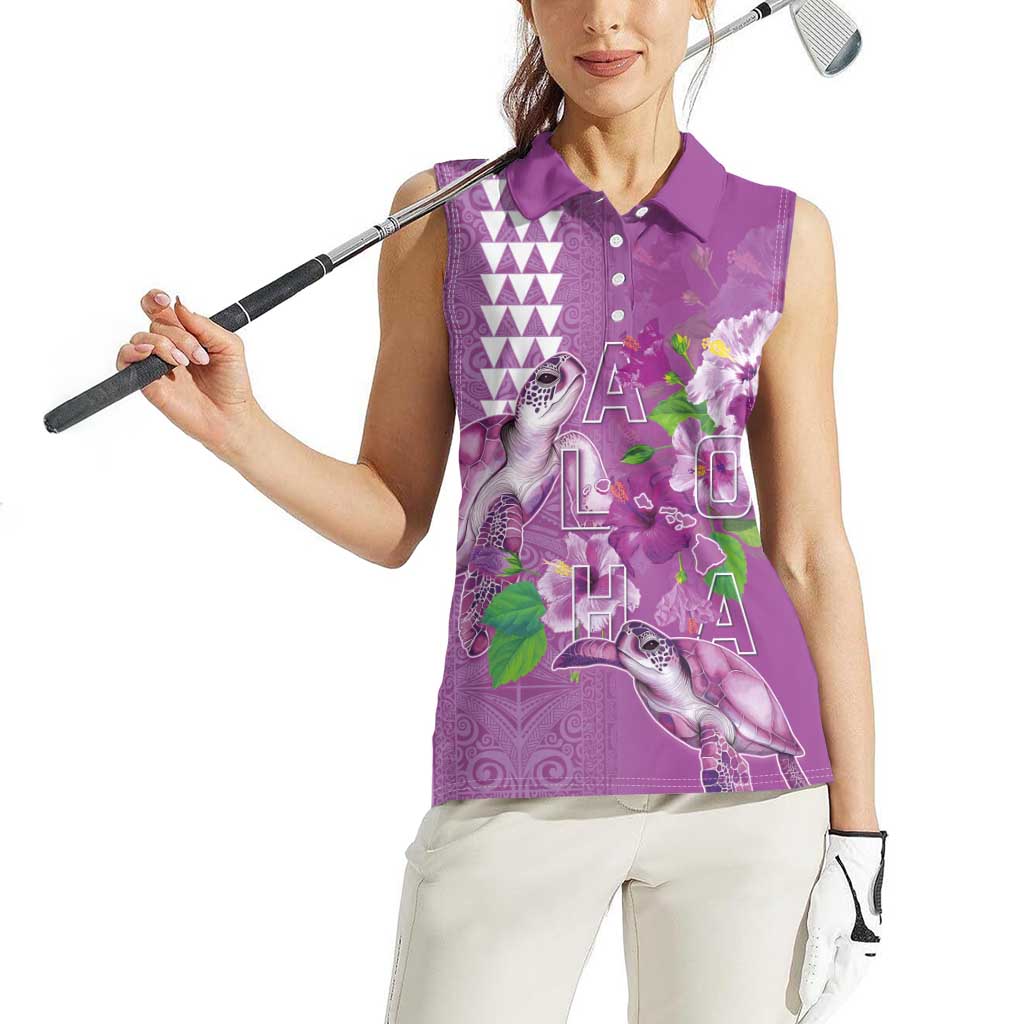 Hawaii Aloha Turtle Hibiscus and Leaves Women Sleeveless Polo Shirt with Polynesian and Kakau Tattoos Lilac Color LT03 - Polynesian Pride
