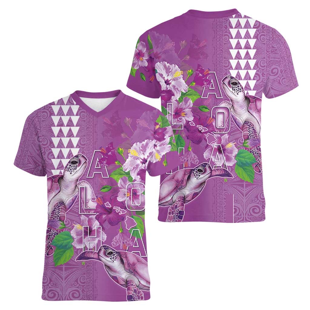 Hawaii Aloha Turtle Hibiscus and Leaves Women V-Neck T-Shirt with Polynesian and Kakau Tattoos Lilac Color LT03 - Polynesian Pride