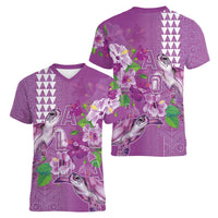 Hawaii Aloha Turtle Hibiscus and Leaves Women V-Neck T-Shirt with Polynesian and Kakau Tattoos Lilac Color LT03 - Polynesian Pride