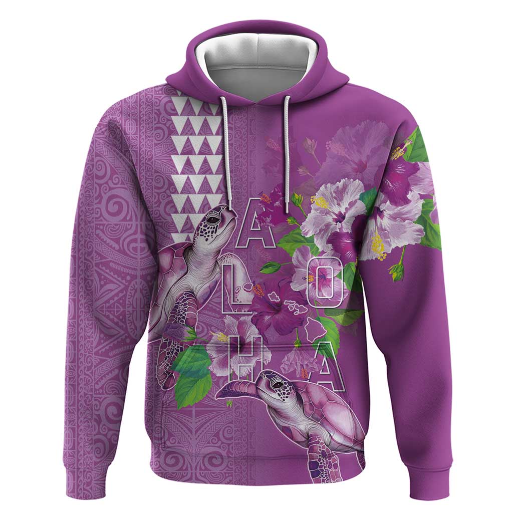 Hawaii Aloha Turtle Hibiscus and Leaves Zip Hoodie with Polynesian and Kakau Tattoos Lilac Color - Polynesian Pride