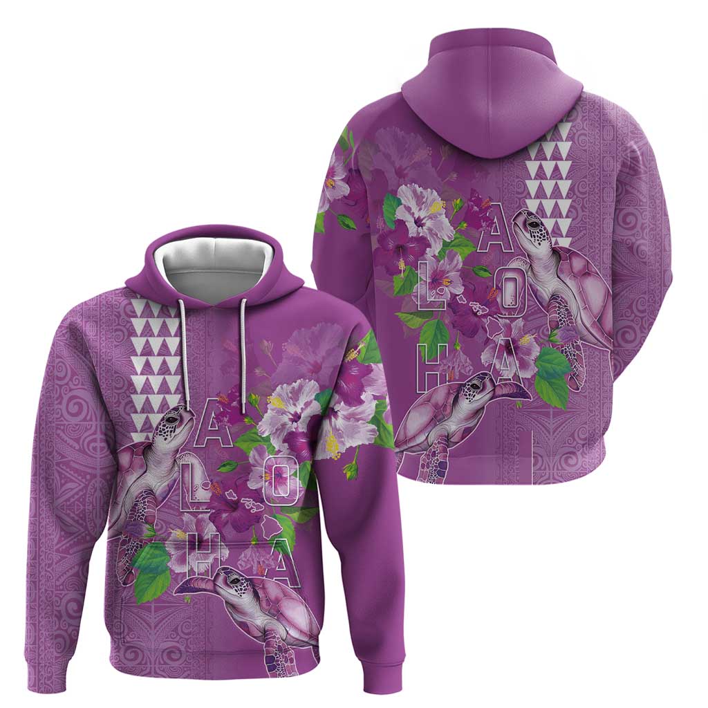 Hawaii Aloha Turtle Hibiscus and Leaves Zip Hoodie with Polynesian and Kakau Tattoos Lilac Color - Polynesian Pride