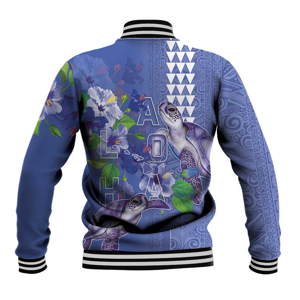 Hawaii Aloha Turtle Hibiscus and Leaves Baseball Jacket with Polynesian and Kakau Tattoos Denim Color - Polynesian Pride