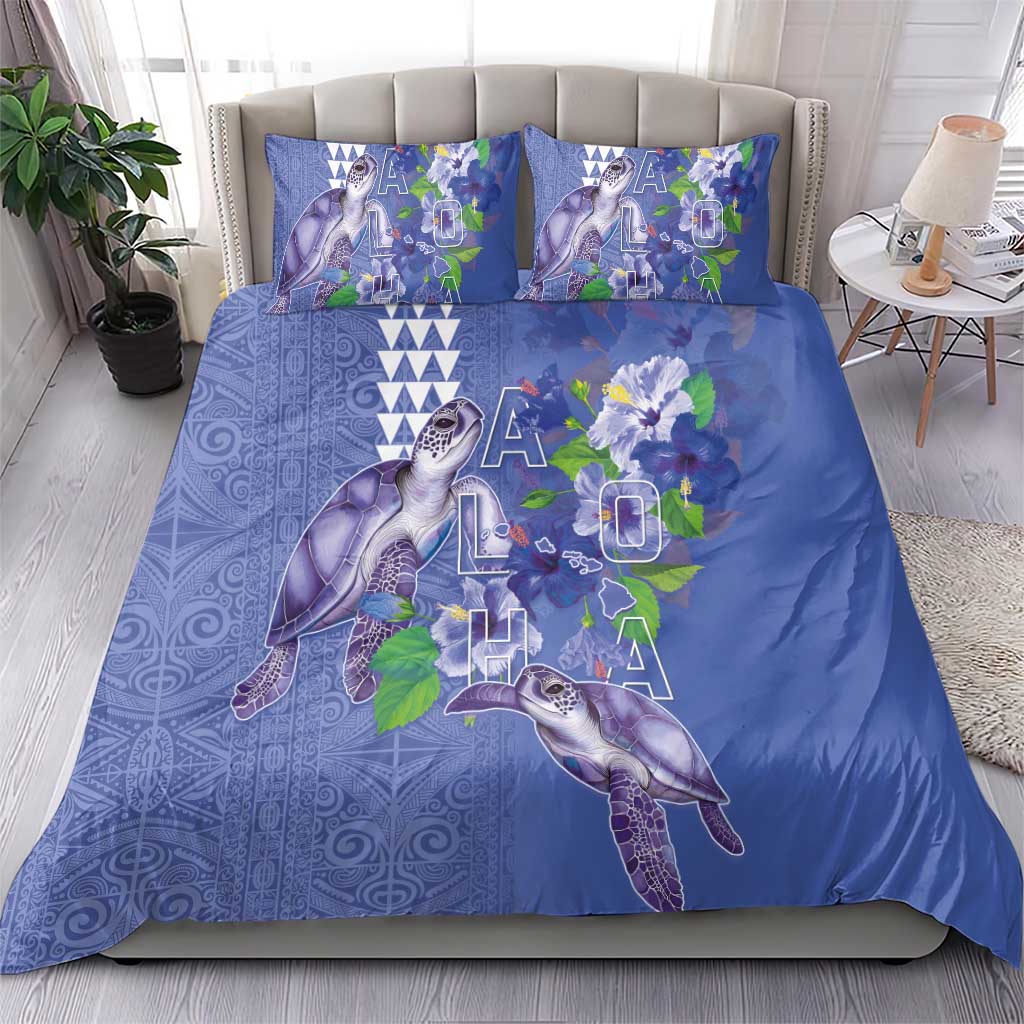 Hawaii Aloha Turtle Hibiscus and Leaves Bedding Set with Polynesian and Kakau Tattoos Denim Color - Polynesian Pride