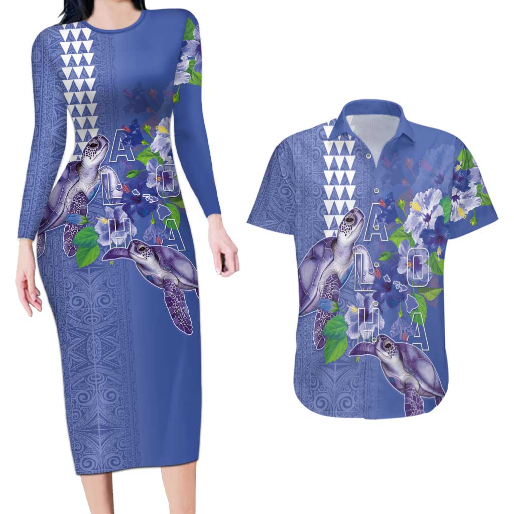 Hawaii Aloha Turtle Hibiscus and Leaves Couples Matching Long Sleeve Bodycon Dress and Hawaiian Shirt with Polynesian and Kakau Tattoos Denim Color LT03 Blue - Polynesian Pride