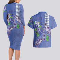 Hawaii Aloha Turtle Hibiscus and Leaves Couples Matching Long Sleeve Bodycon Dress and Hawaiian Shirt with Polynesian and Kakau Tattoos Denim Color LT03 - Polynesian Pride