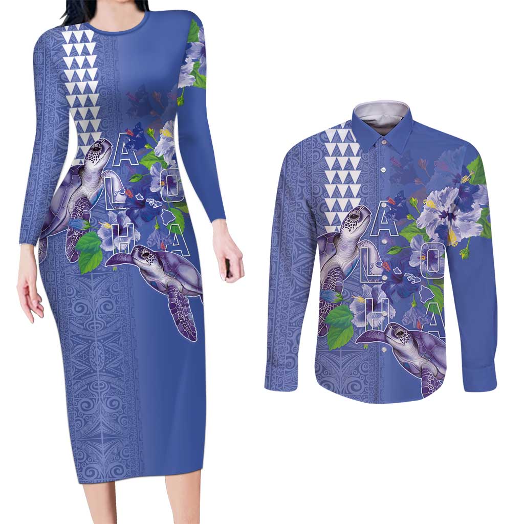 Hawaii Aloha Turtle Hibiscus and Leaves Couples Matching Long Sleeve Bodycon Dress and Long Sleeve Button Shirt with Polynesian and Kakau Tattoos Denim Color LT03 Blue - Polynesian Pride