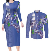 Hawaii Aloha Turtle Hibiscus and Leaves Couples Matching Long Sleeve Bodycon Dress and Long Sleeve Button Shirt with Polynesian and Kakau Tattoos Denim Color LT03 Blue - Polynesian Pride