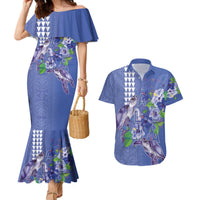 Hawaii Aloha Turtle Hibiscus and Leaves Couples Matching Mermaid Dress and Hawaiian Shirt with Polynesian and Kakau Tattoos Denim Color LT03 Blue - Polynesian Pride