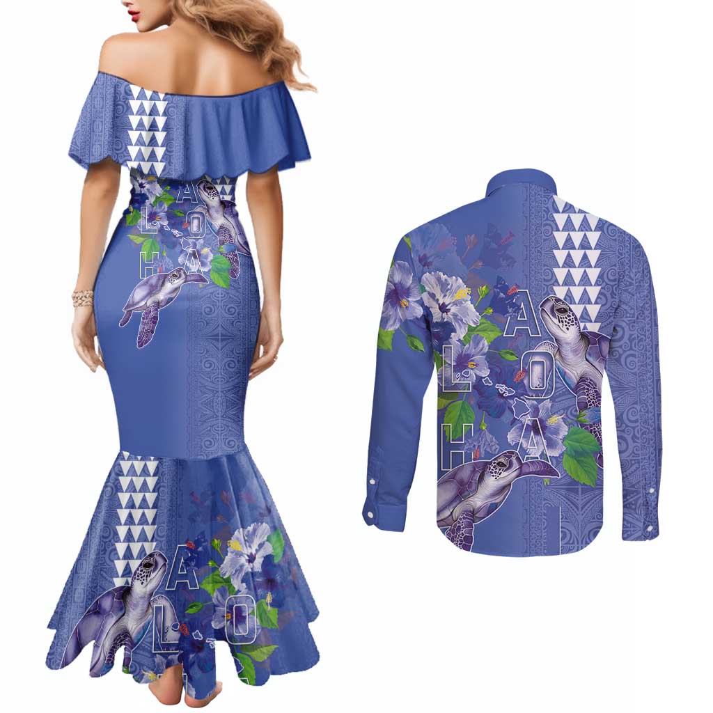 Hawaii Aloha Turtle Hibiscus and Leaves Couples Matching Mermaid Dress and Long Sleeve Button Shirt with Polynesian and Kakau Tattoos Denim Color LT03 - Polynesian Pride